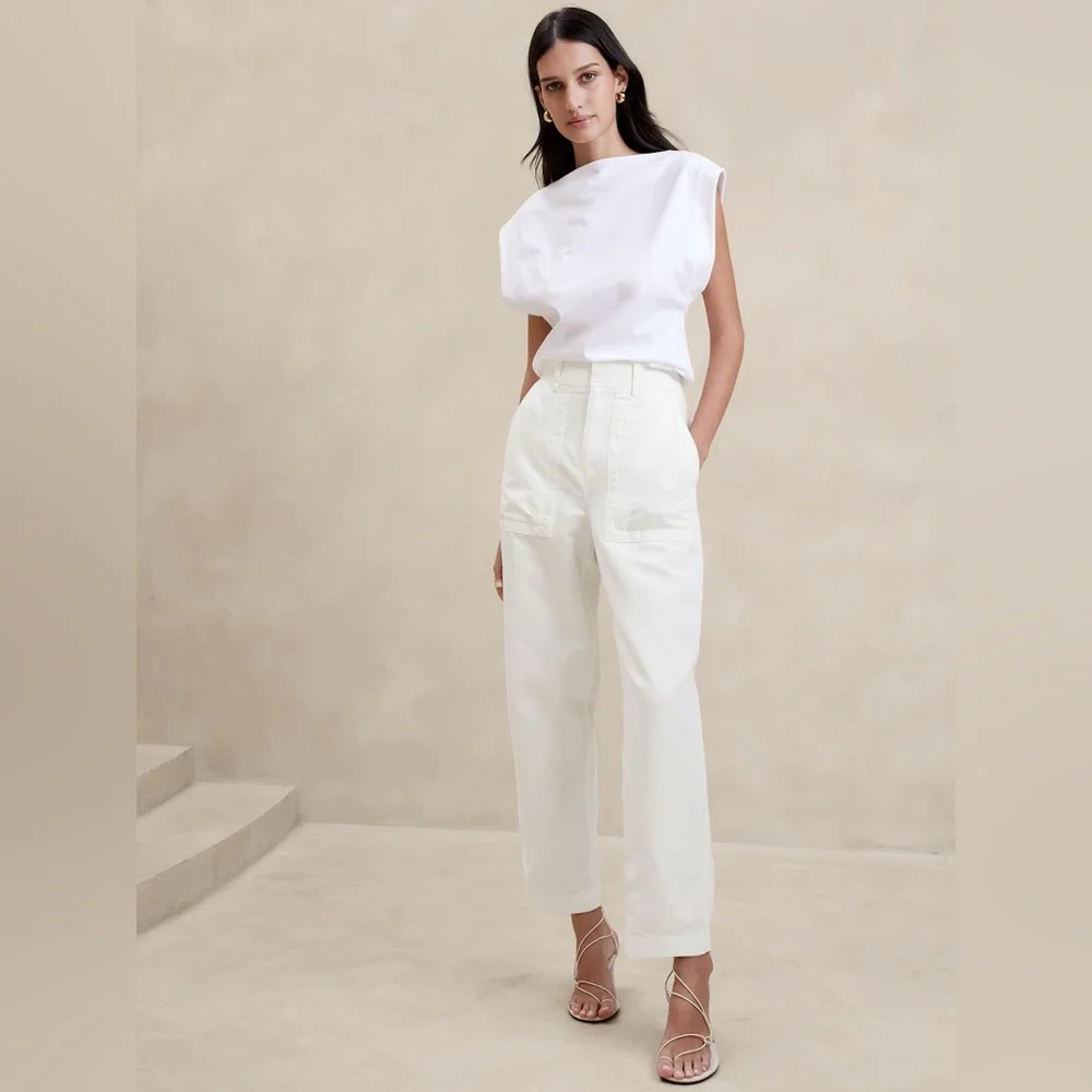EUC Banana Republic Mya Cotton-Linen Cargo Iced Vanilla Ivory High Rise Pants 4